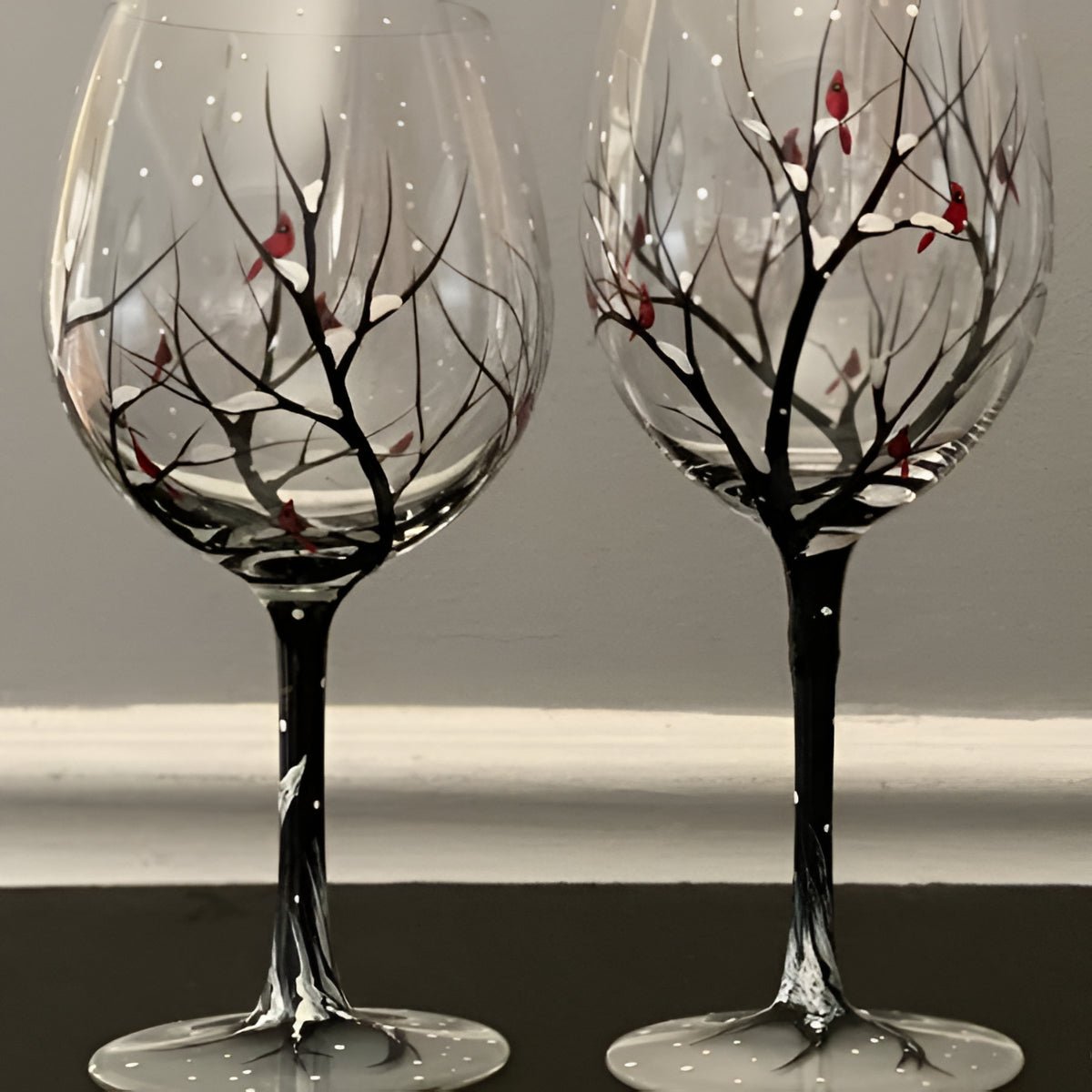 Stemmed wine glass with winter tree