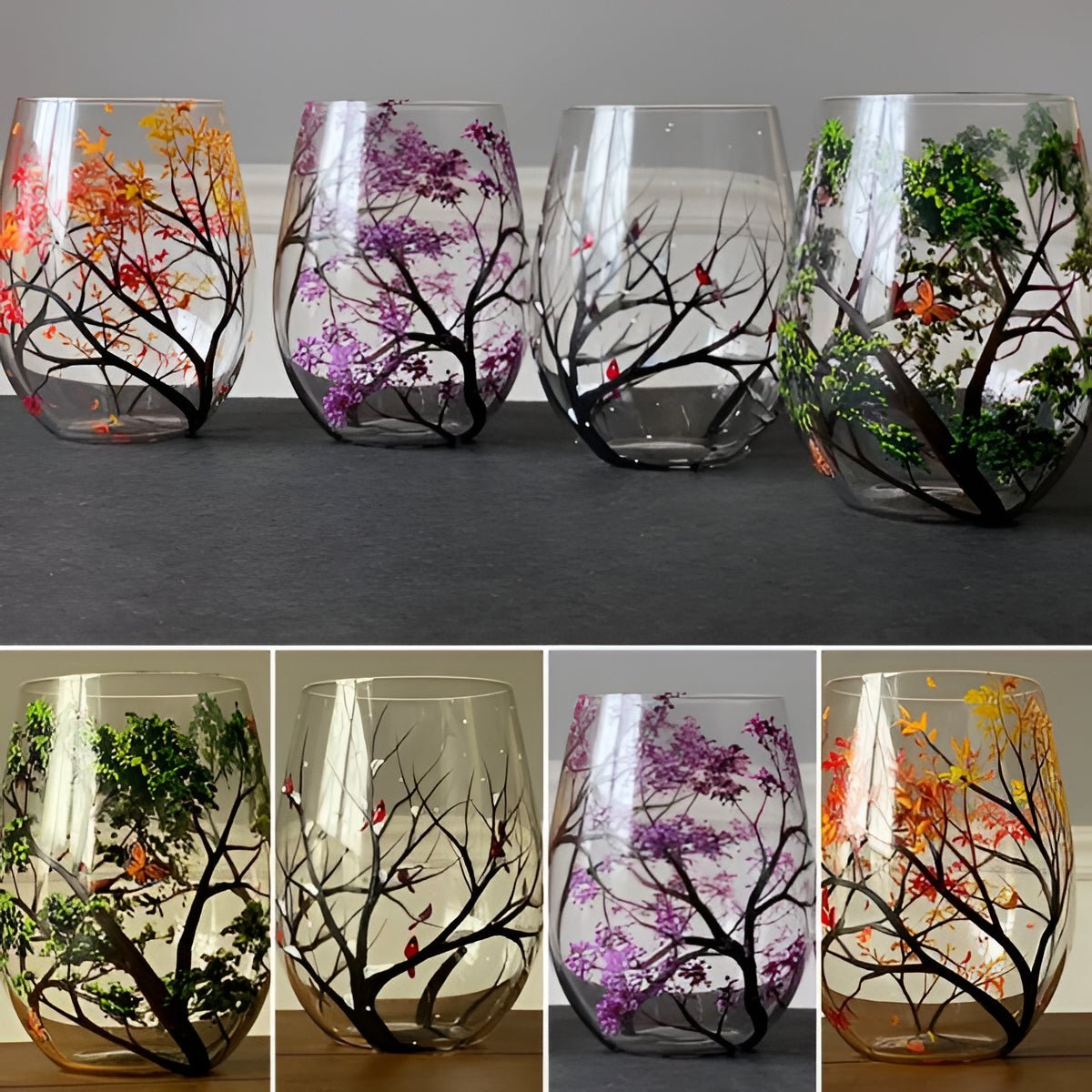 Four seasons stemless wine glasses set