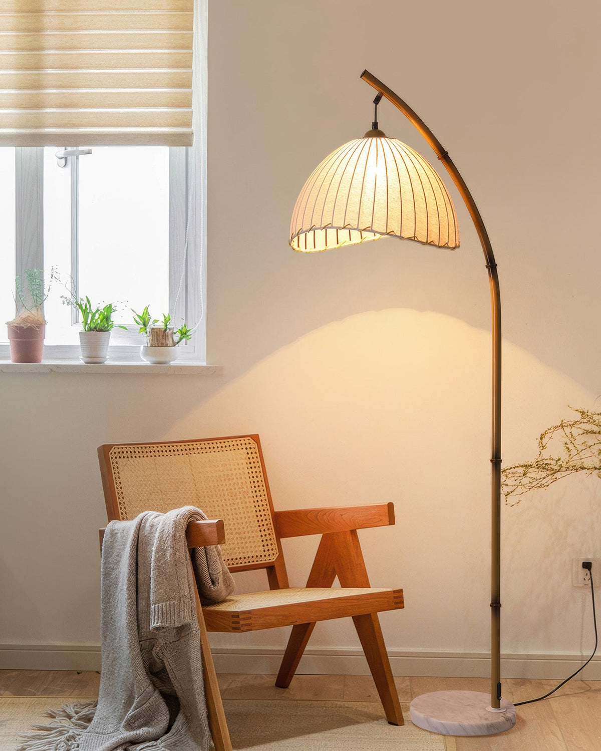 Bamboo-style floor lamp in a reading corner