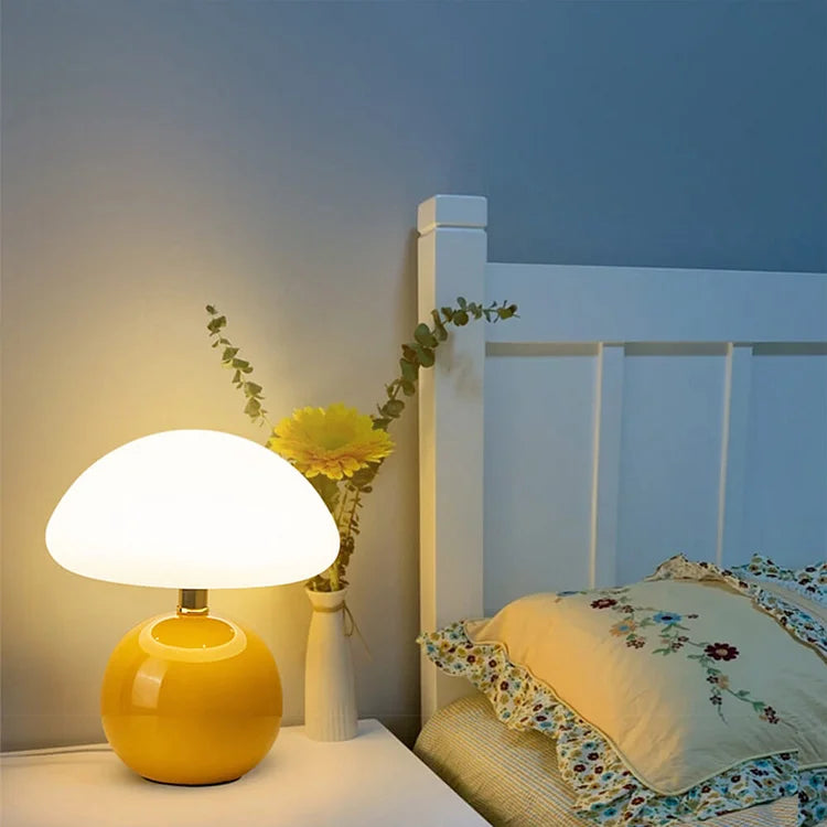 Mushroom table lamp on a bedside table