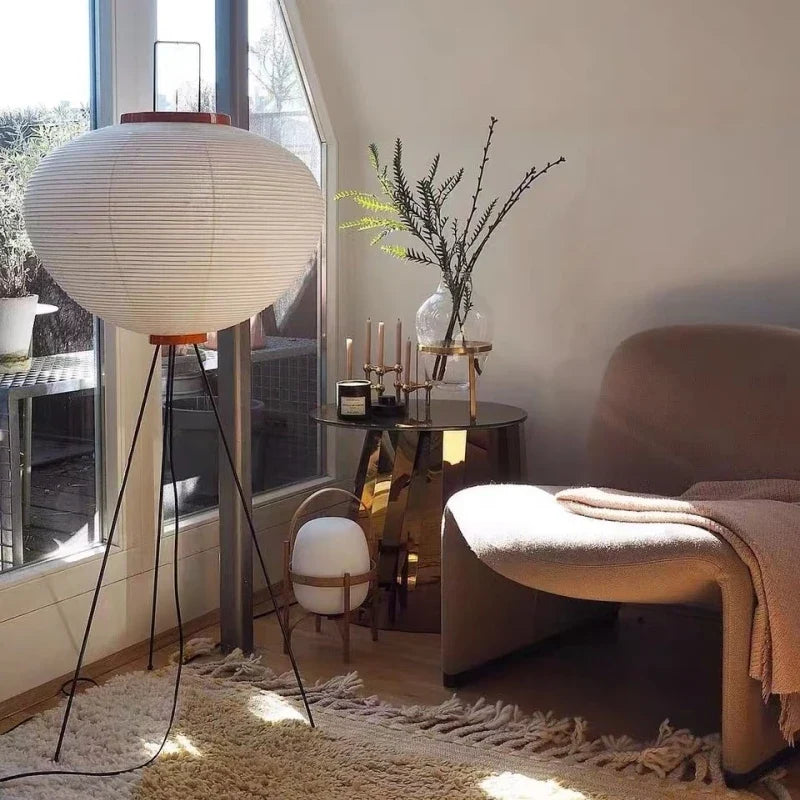 Rice paper floor lamp in a bedroom