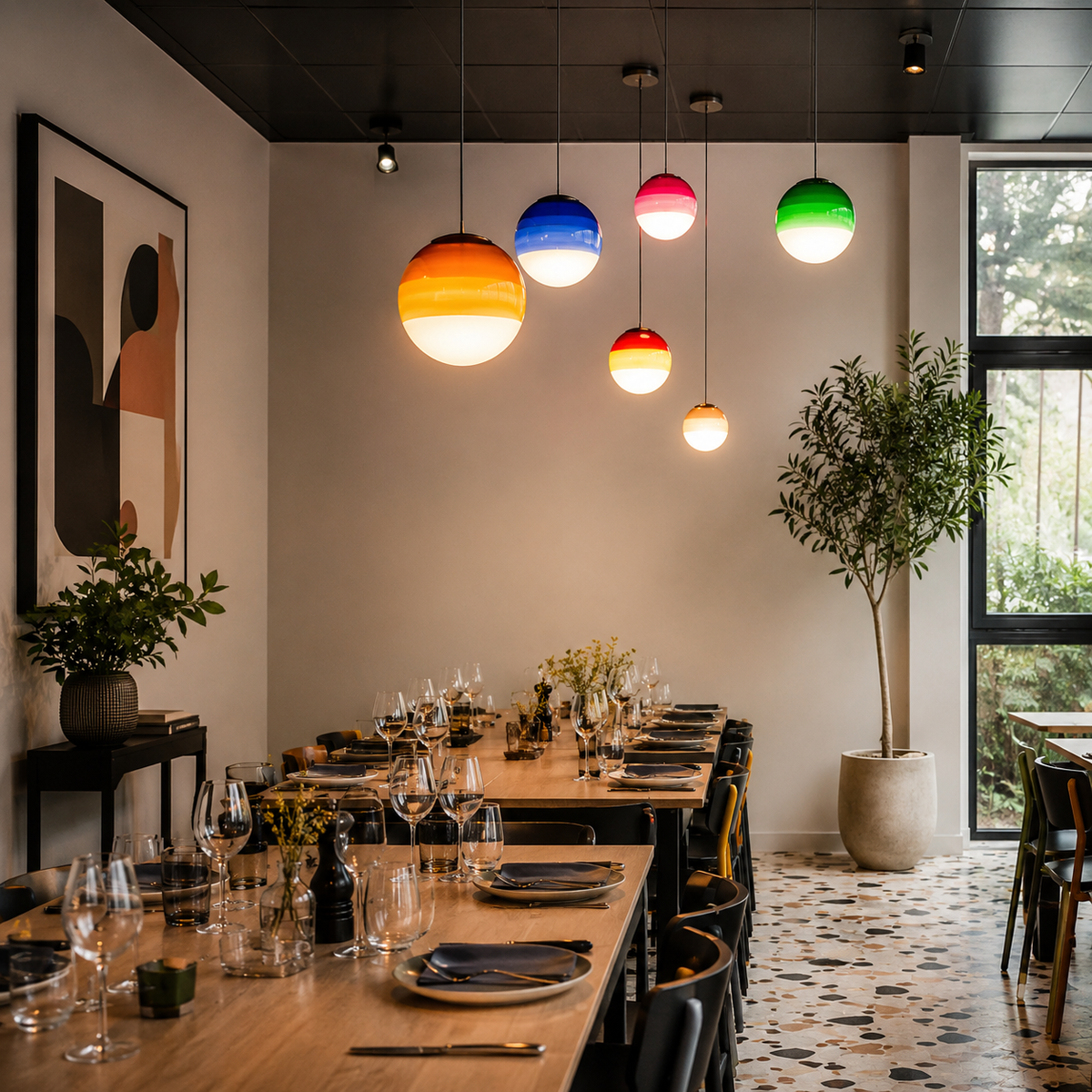 Ombré glass pendant lit over a counter