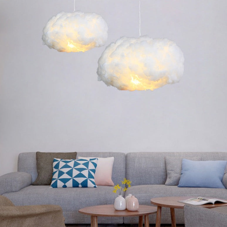 Fluffy cloud pendant light glowing in a nursery