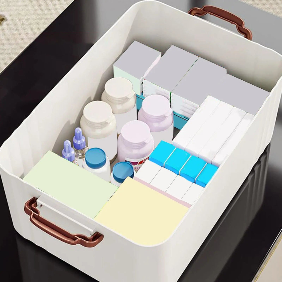 Medicine storage box on a shelf