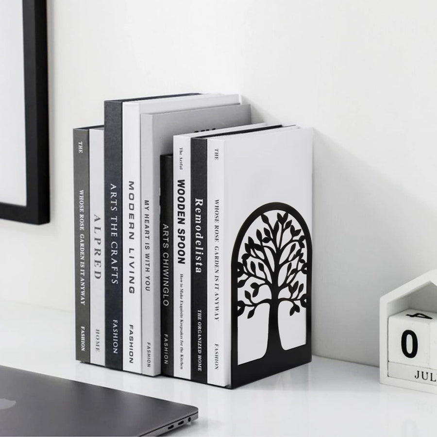 Tree of Life metal bookends holding books