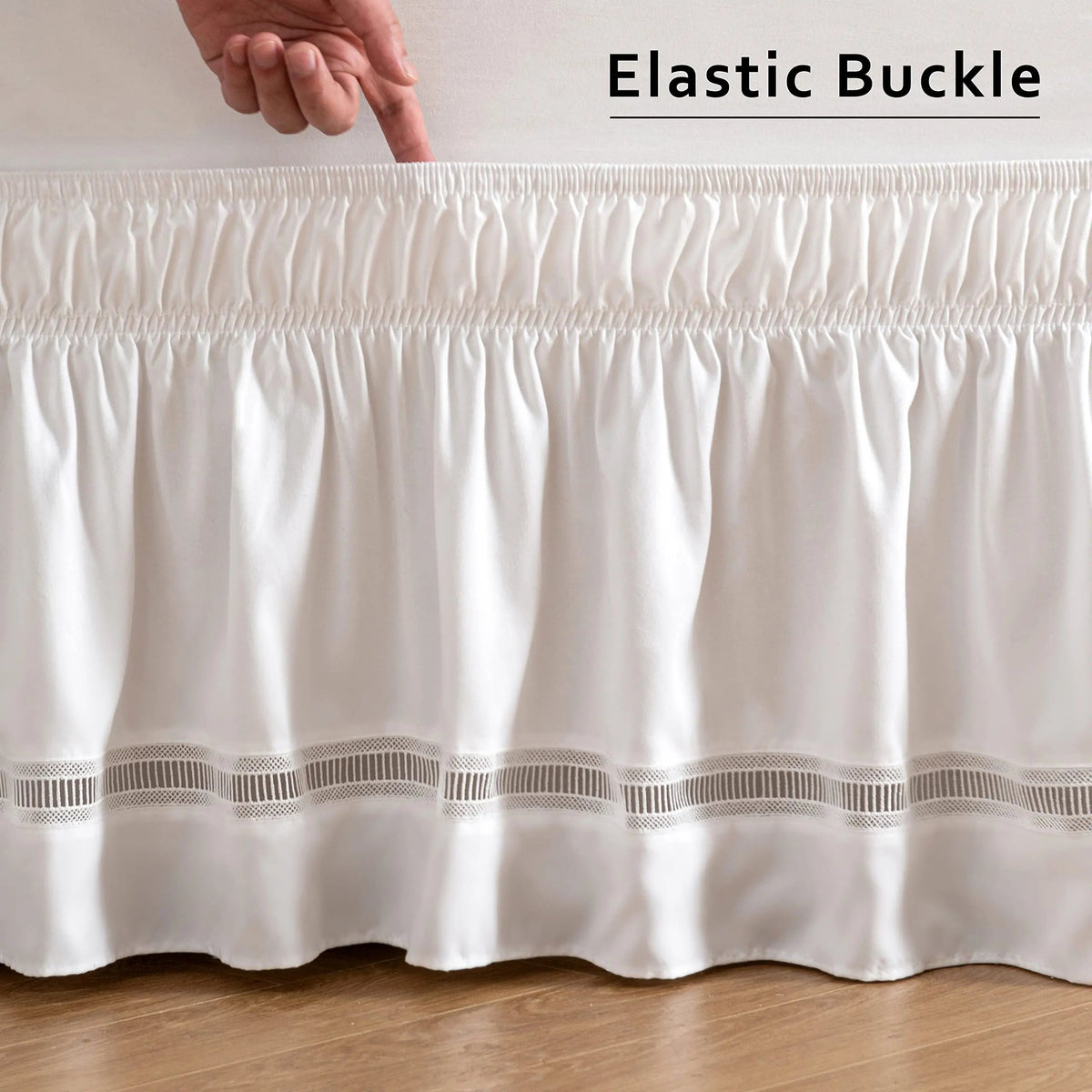 Crochet lace bed skirt in a bedroom