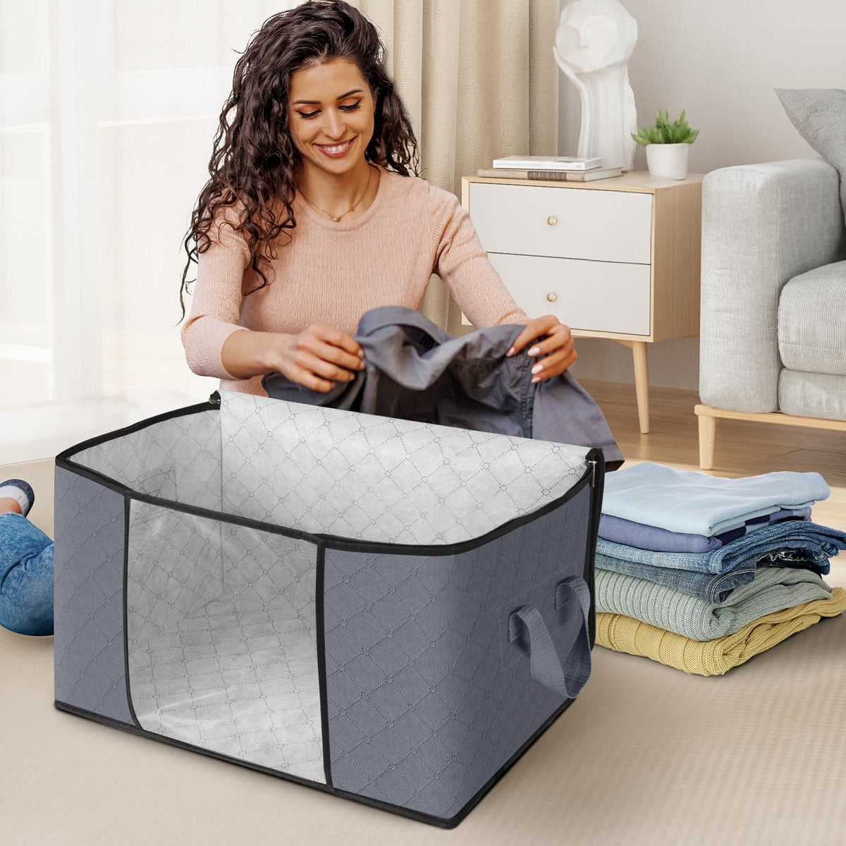 Storage bags stacked on a wardrobe shelf
