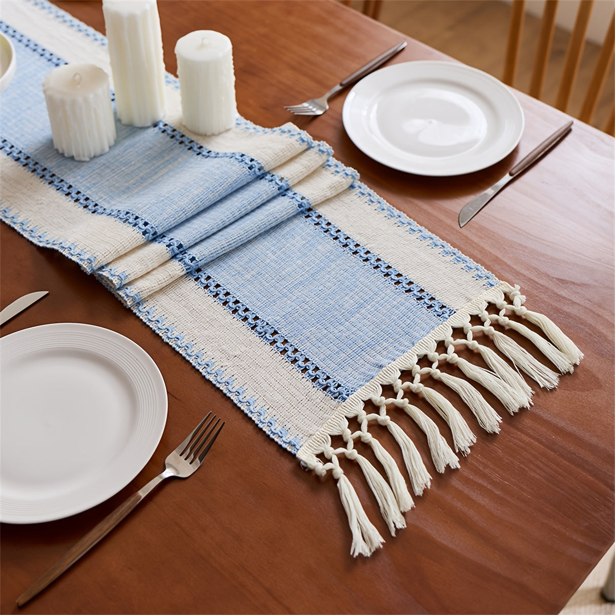 Blue boho macrame table runner
