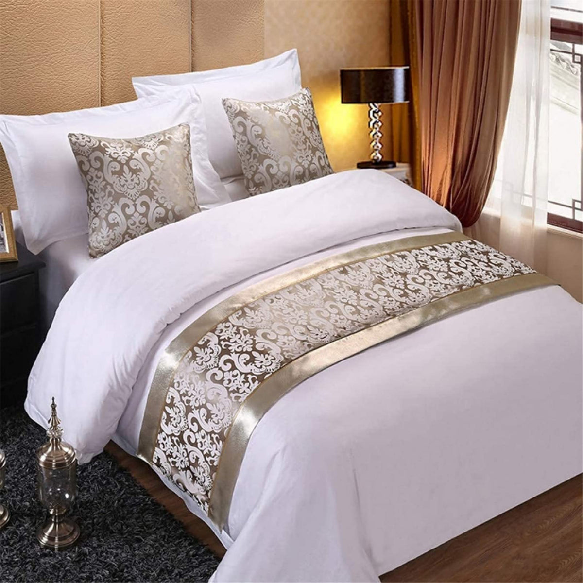 Bed runner with silver lace trim