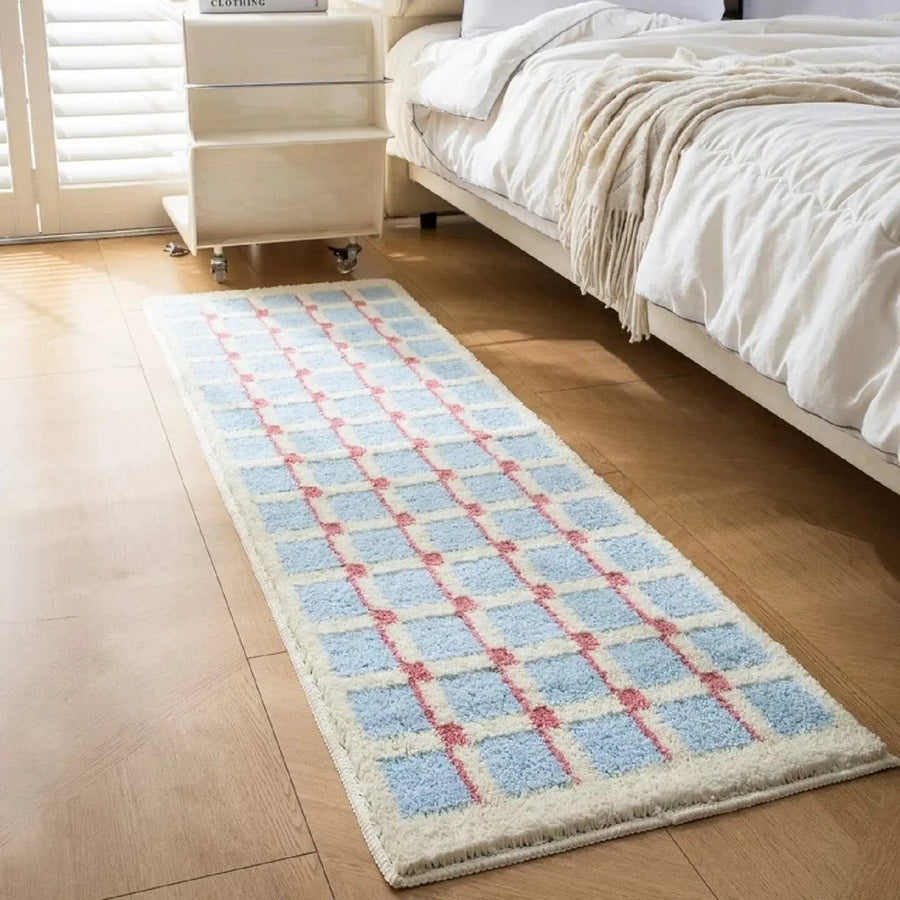 Geometric flocked bath mat in a bathroom