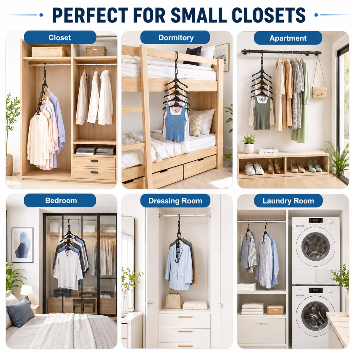Cascading hangers stacked vertically in wardrobe