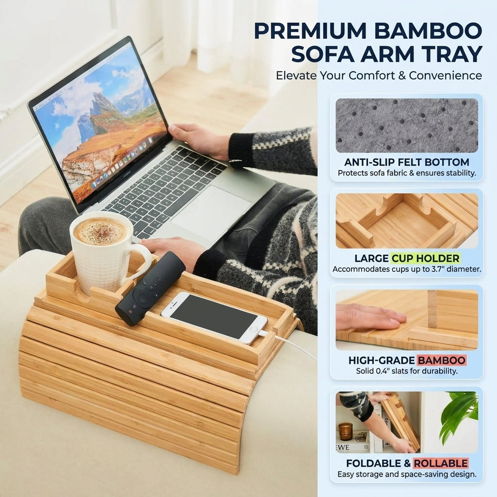 Bamboo armrest tray on sofa