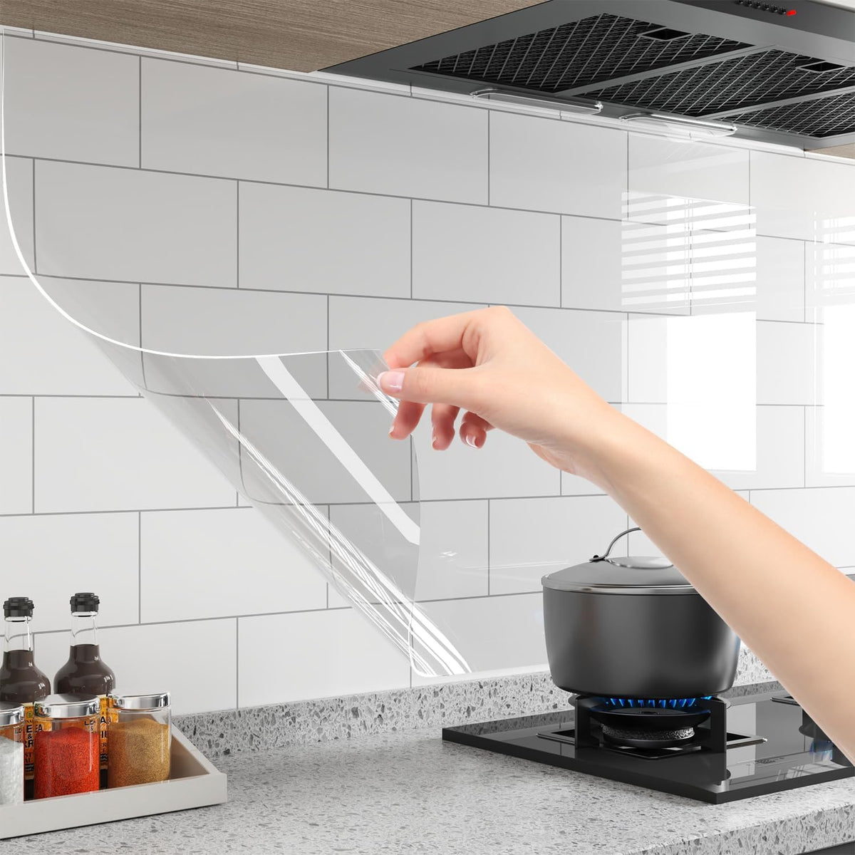 Clear contact paper roll applied to a kitchen surface