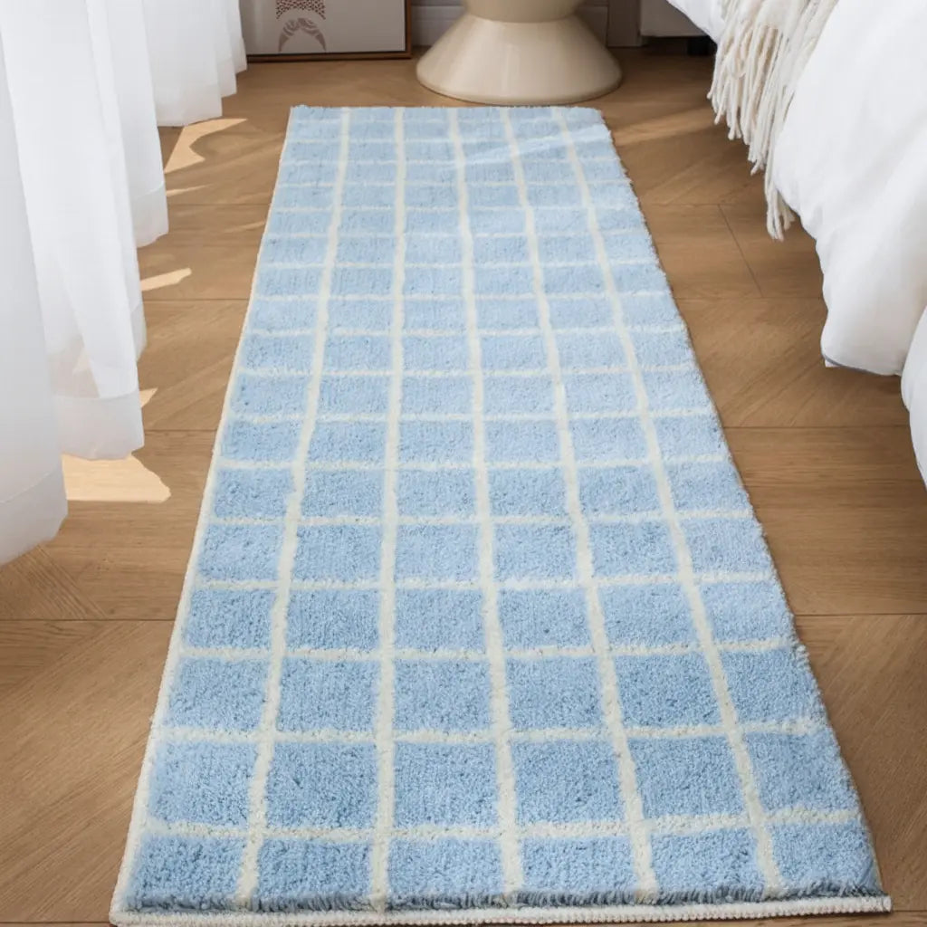 Geometric bath mat in Blue Grid