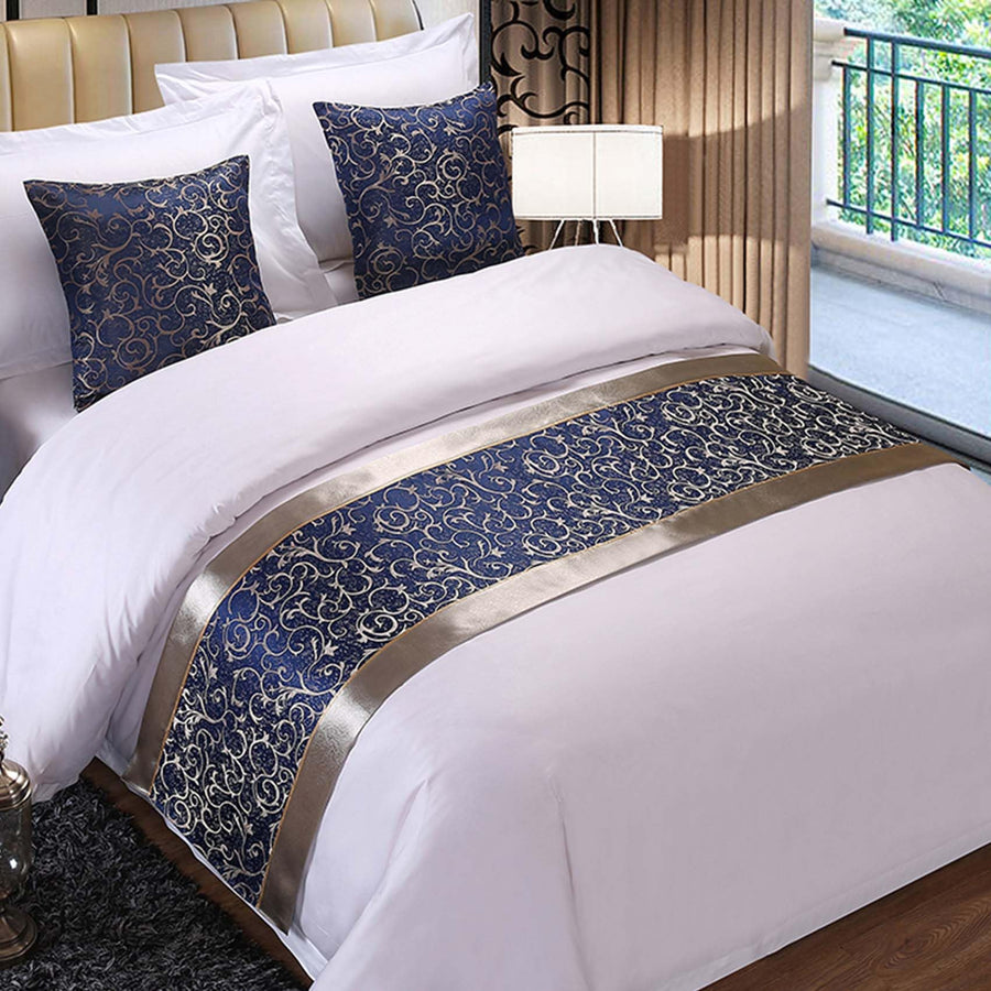 Bed runner with blue lace trim