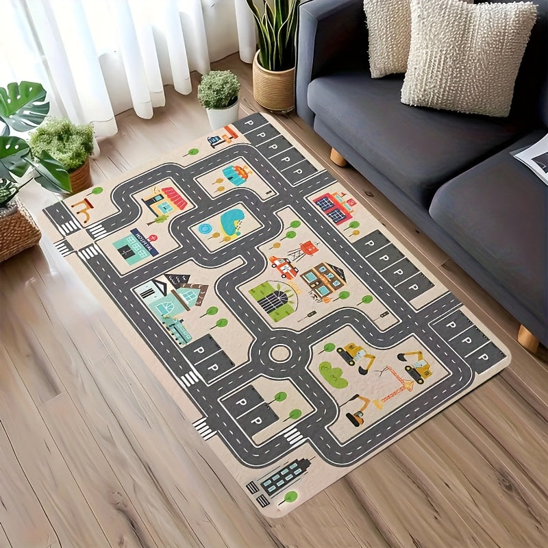 Child playing with toy cars on road play mat