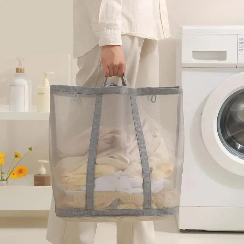 Mesh laundry basket in a bedroom