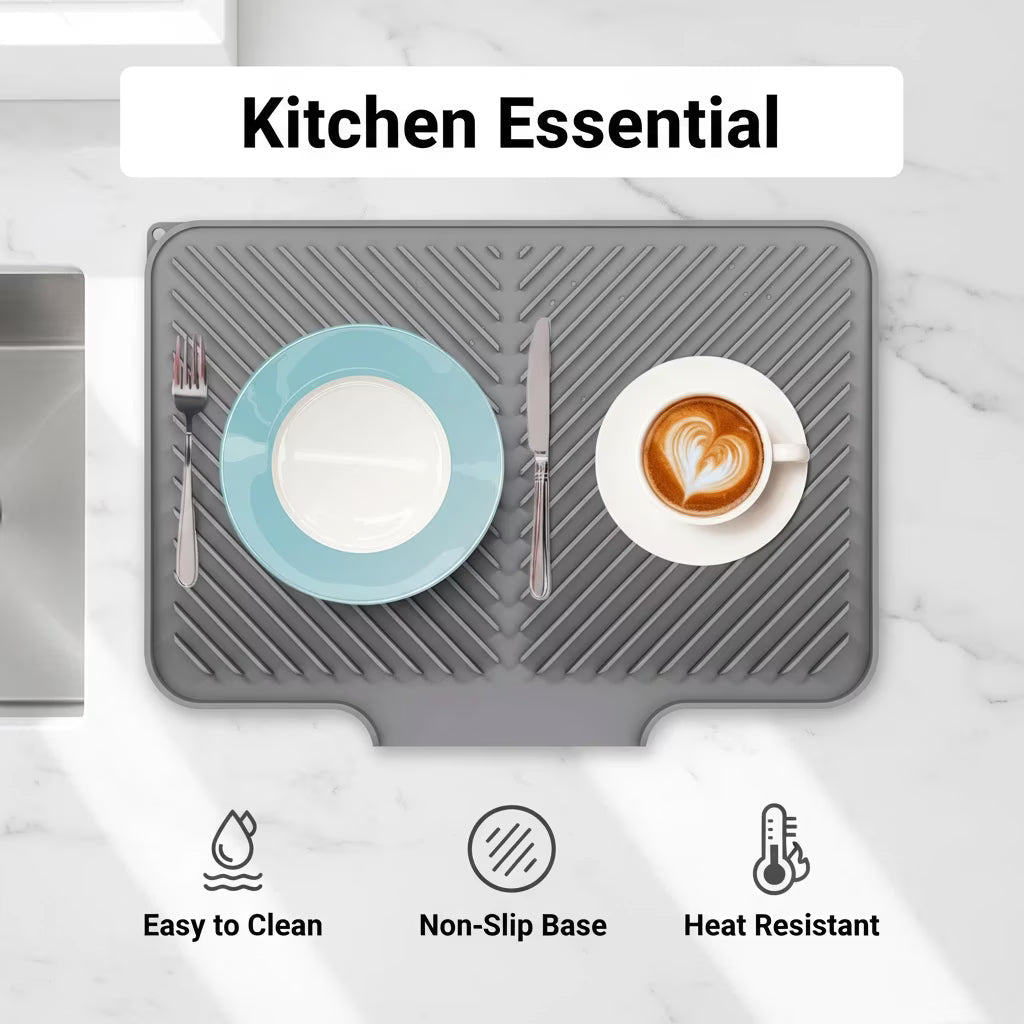 Silicone drain mat on a kitchen countertop