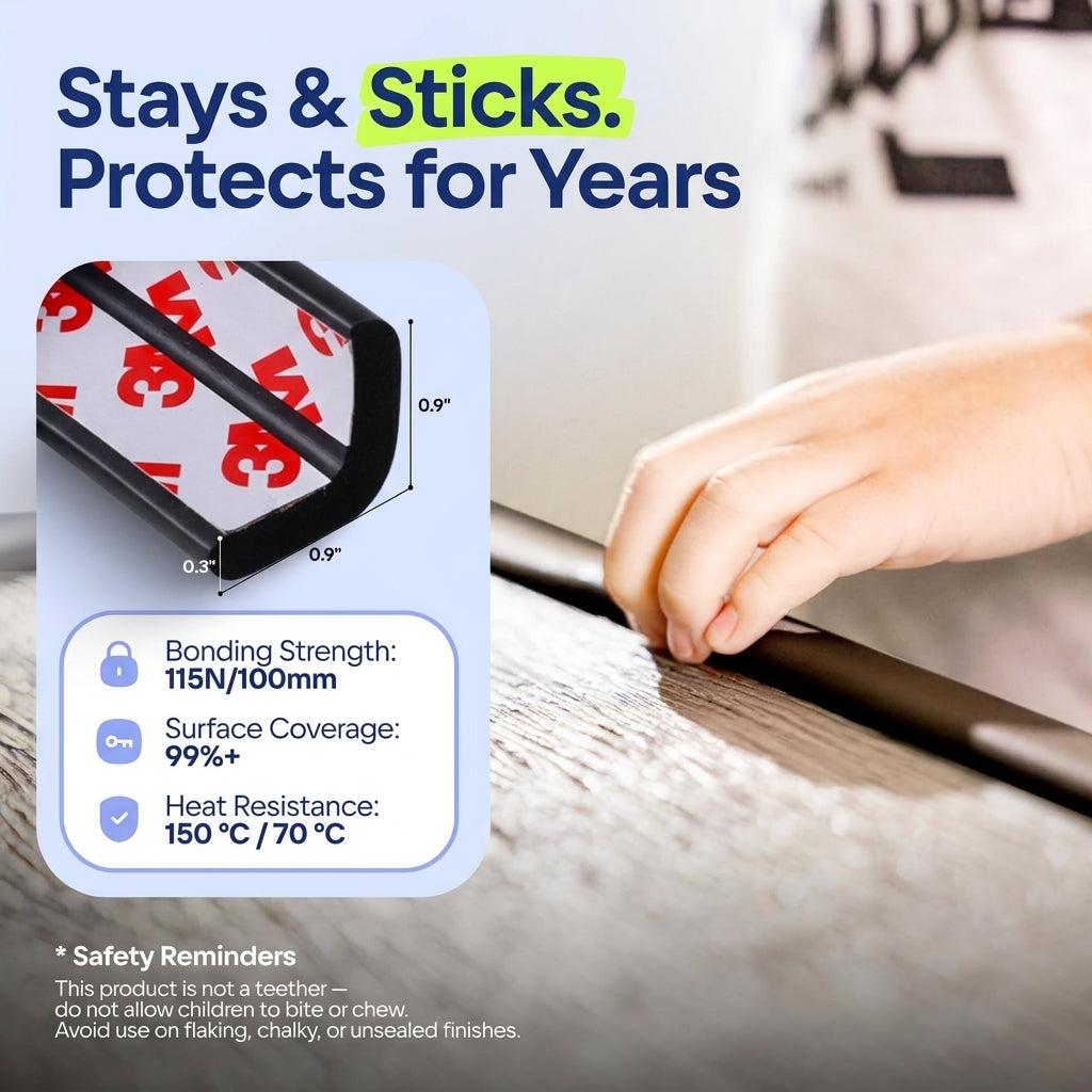 Foam edge guard strip on a desk