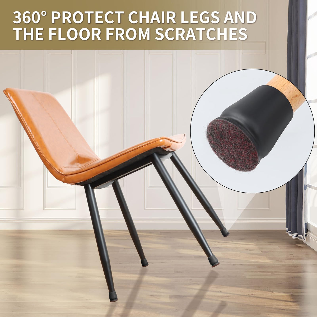 Chair leg caps fitted on dining chair