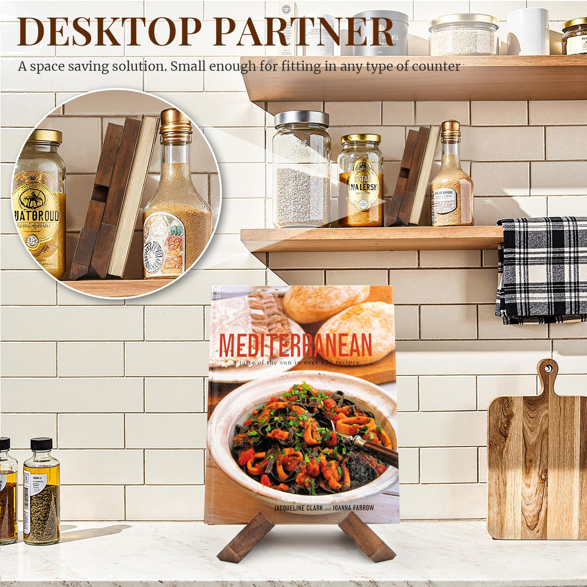 Wooden cookbook holder hanging on wall