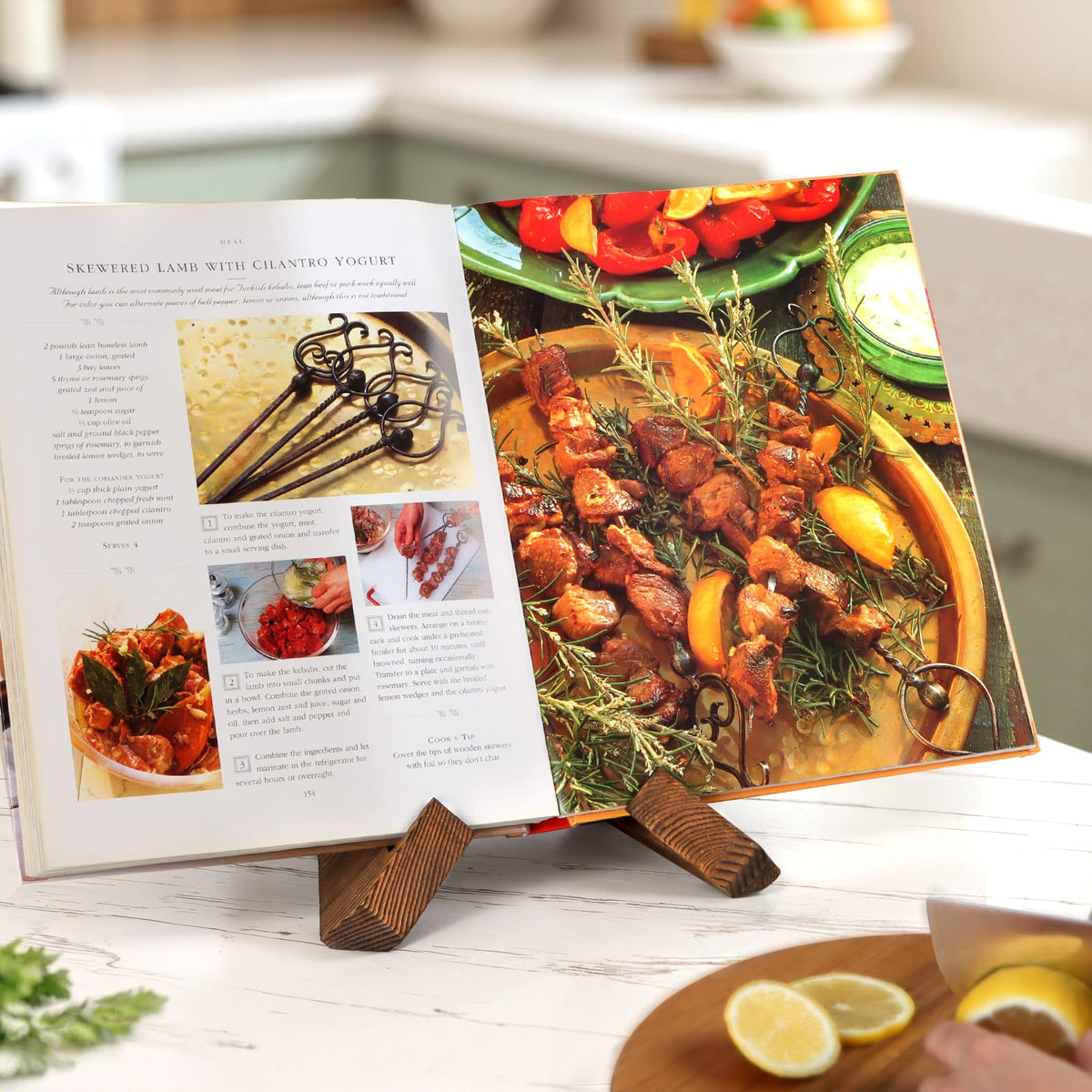 Wooden cookbook holder with open recipe book