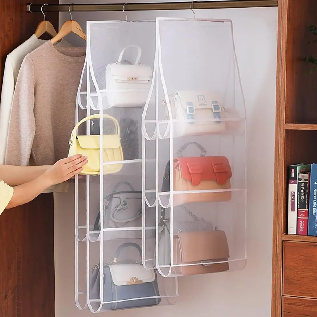 Handbag organiser with clear pockets