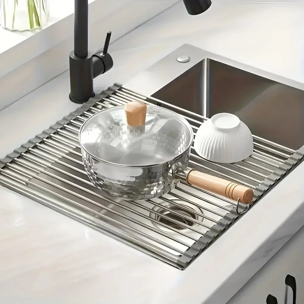 Grey roll-up over-sink dish drying rack