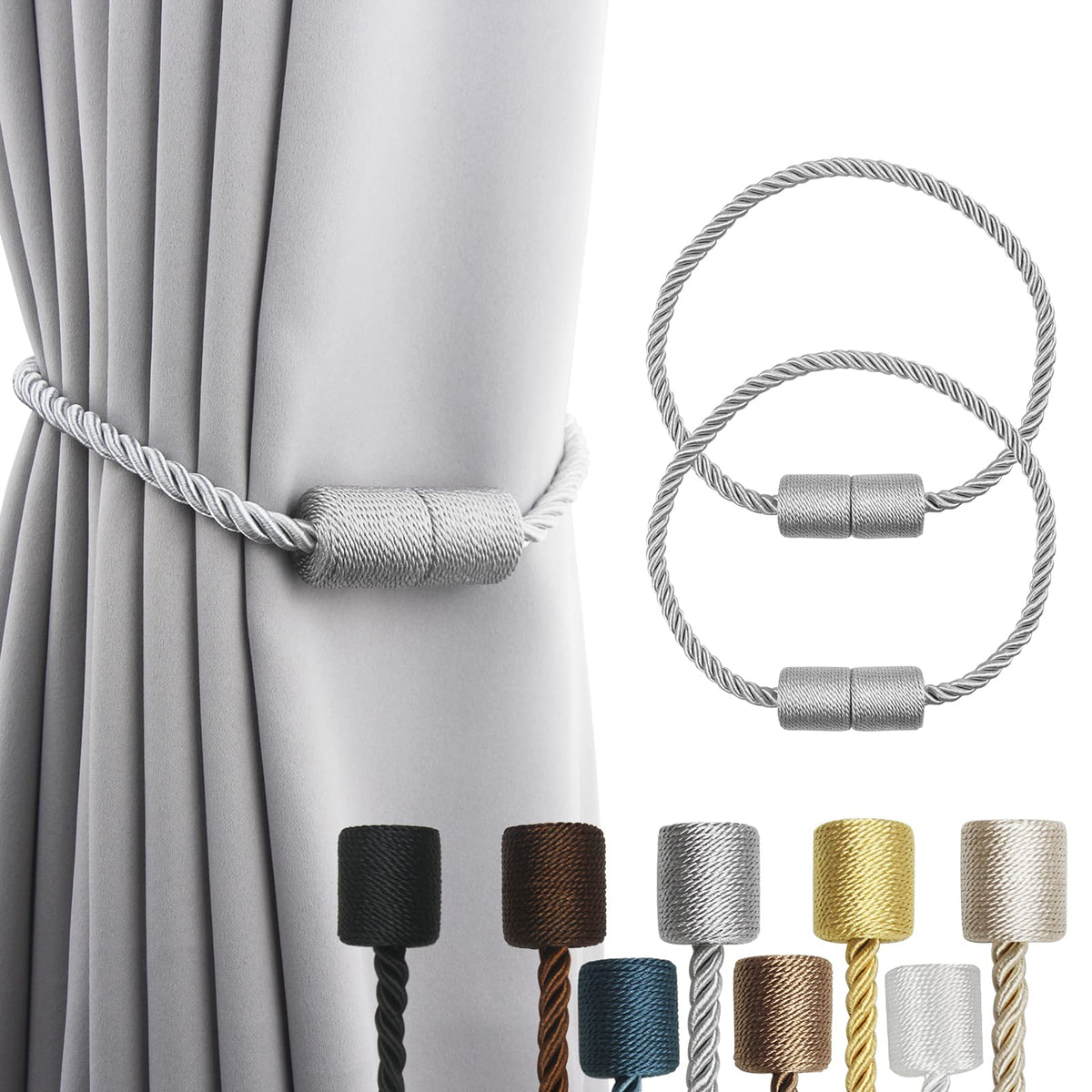 Grey magnetic rope curtain tiebacks