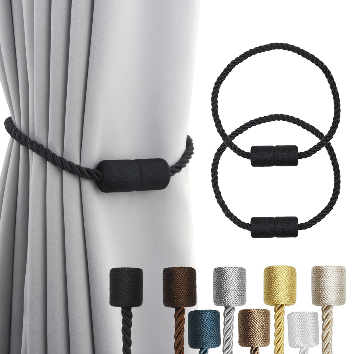 Black magnetic rope curtain tiebacks