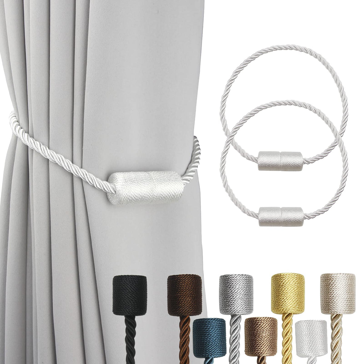 White magnetic rope curtain tiebacks