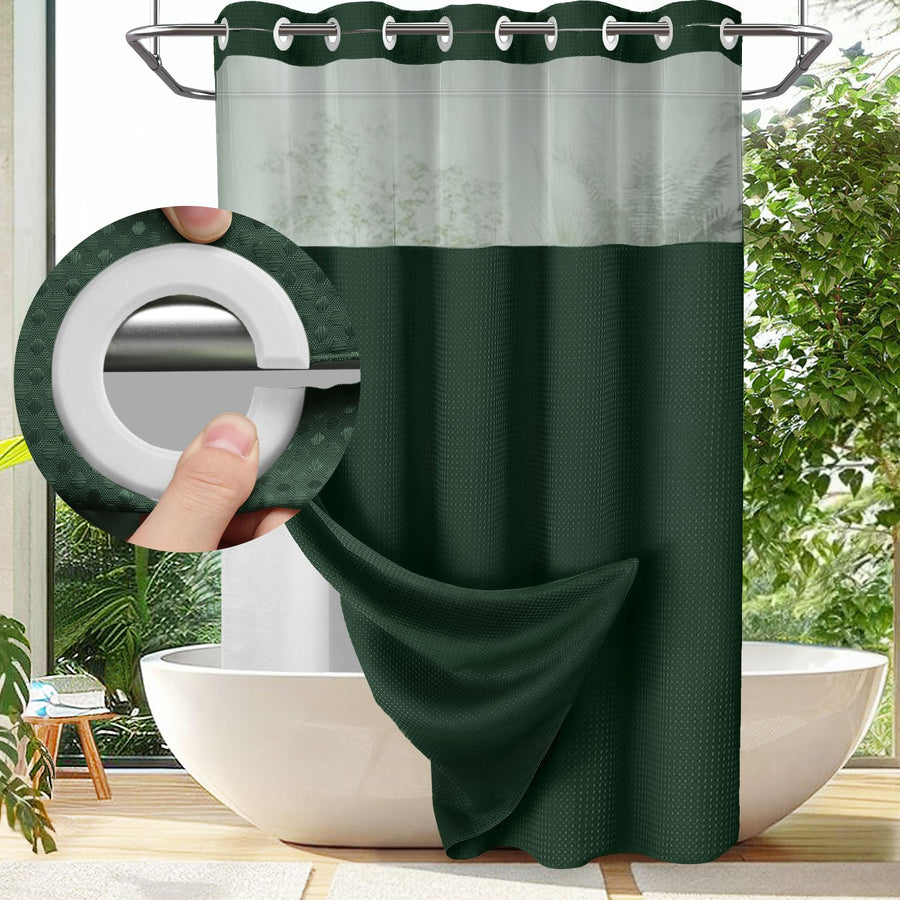 Green hookless waffle weave shower curtain