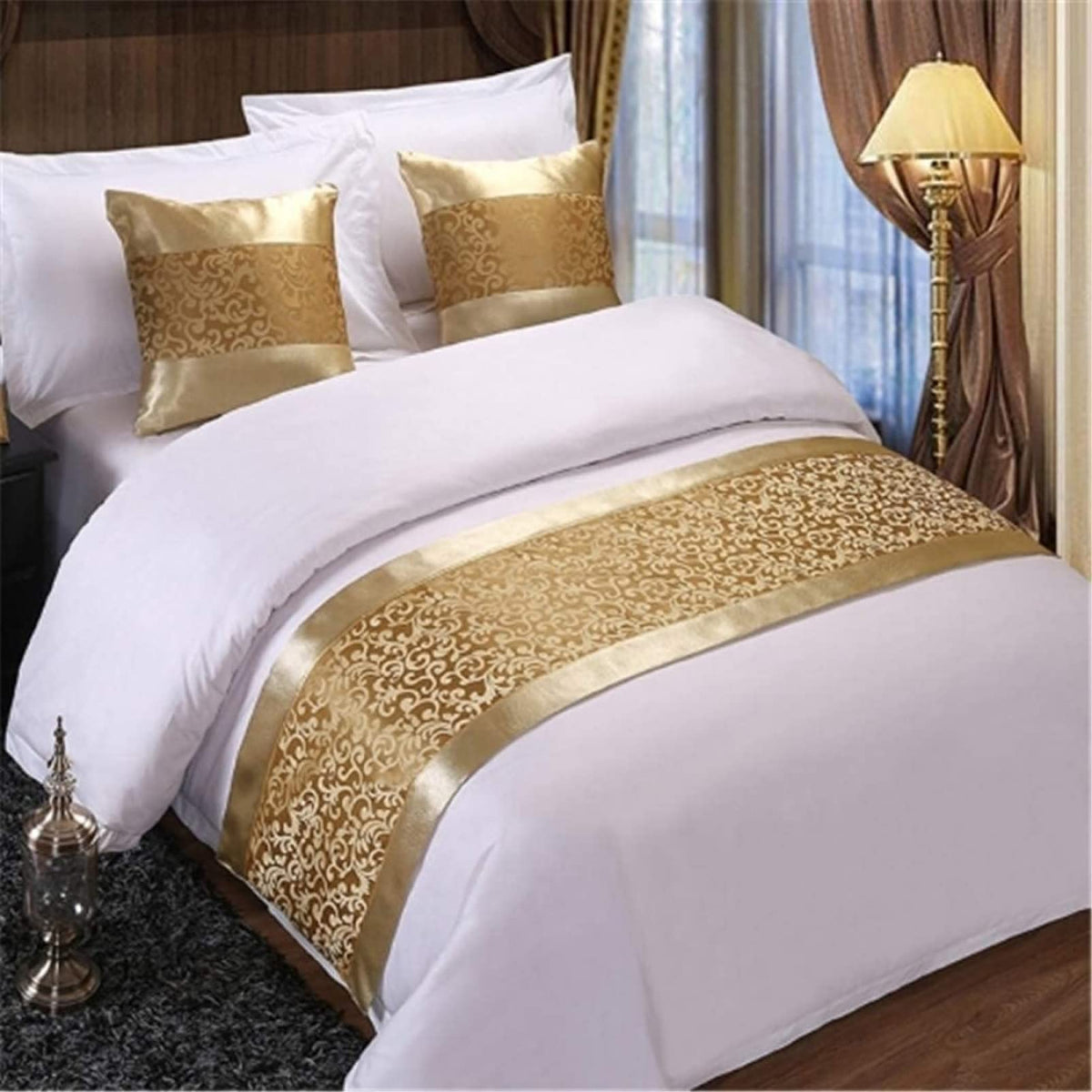 Bed runner with gold lace trim