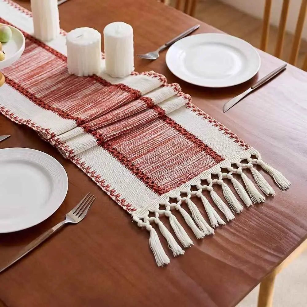 Red boho macrame table runner