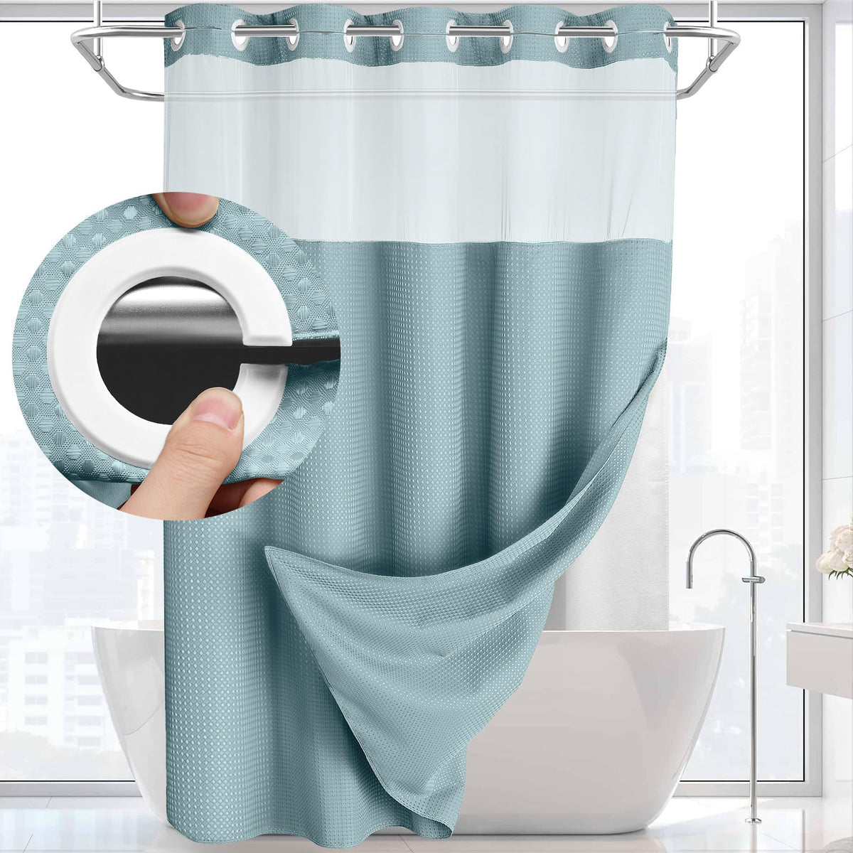 Blue hookless waffle shower curtain