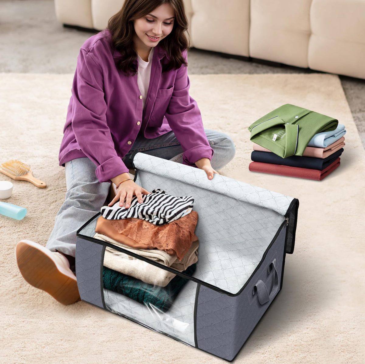 Grey zippered quilt storage bags with clear window