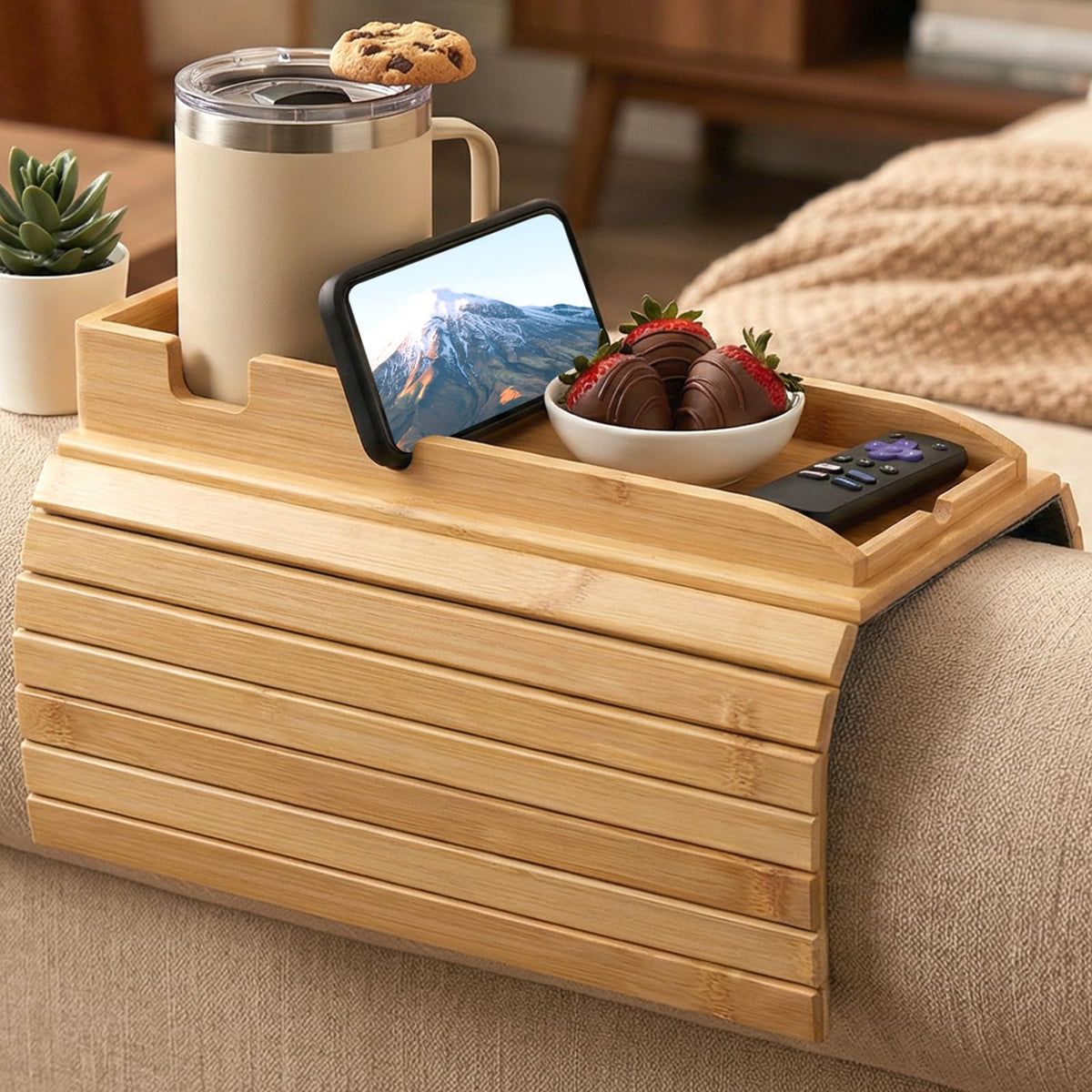 Bamboo sofa arm tray with cup holder