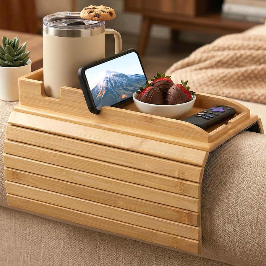 Bamboo sofa arm tray with cup holder