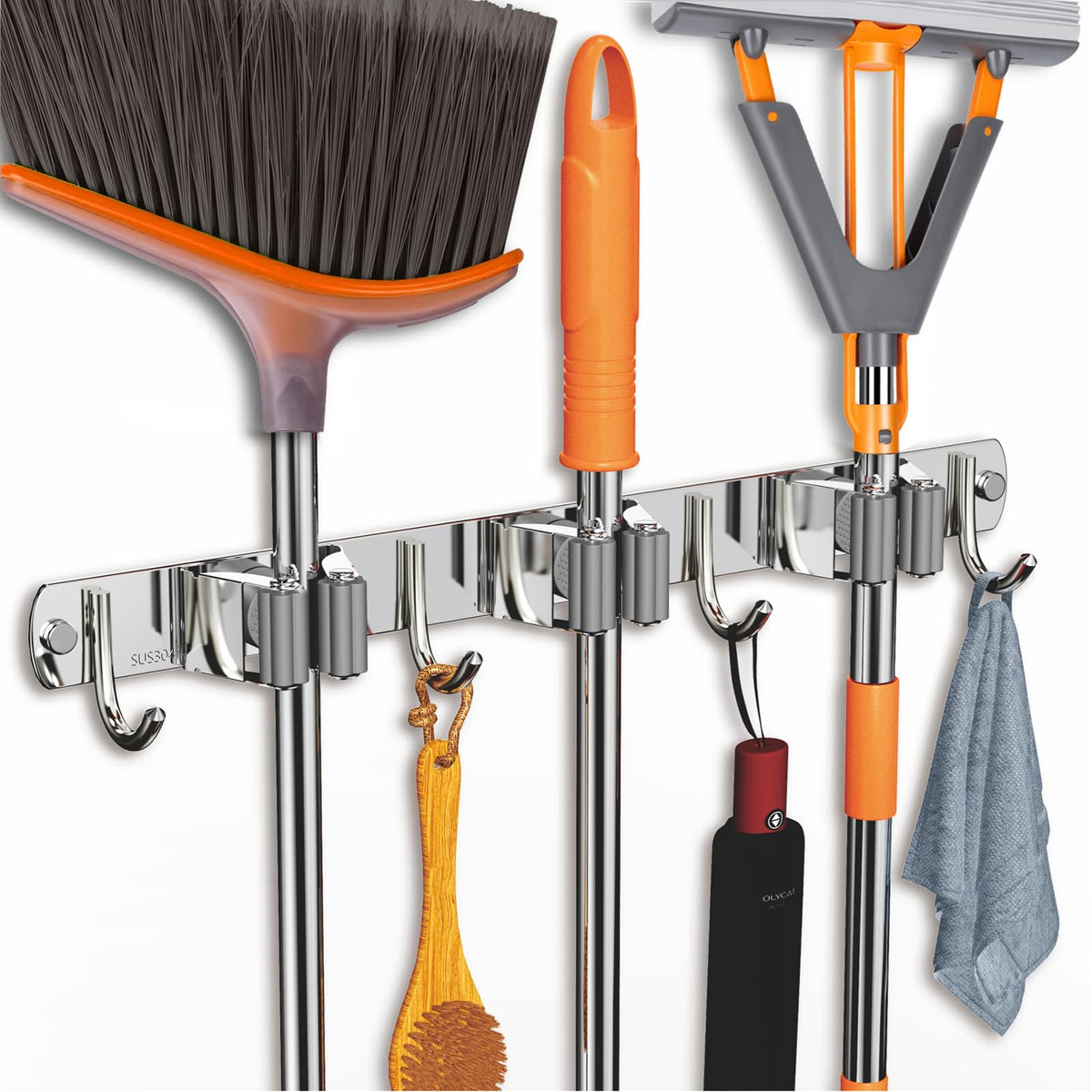 Stainless steel broom and mop holder in Silver