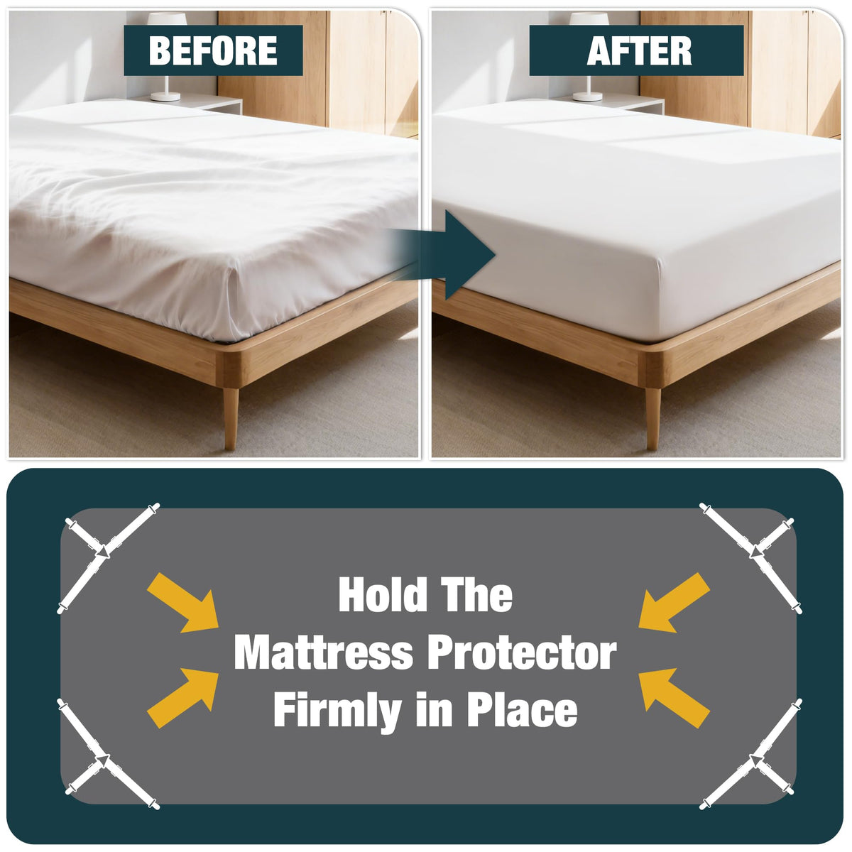 Bed sheet strap clipped to a fitted sheet