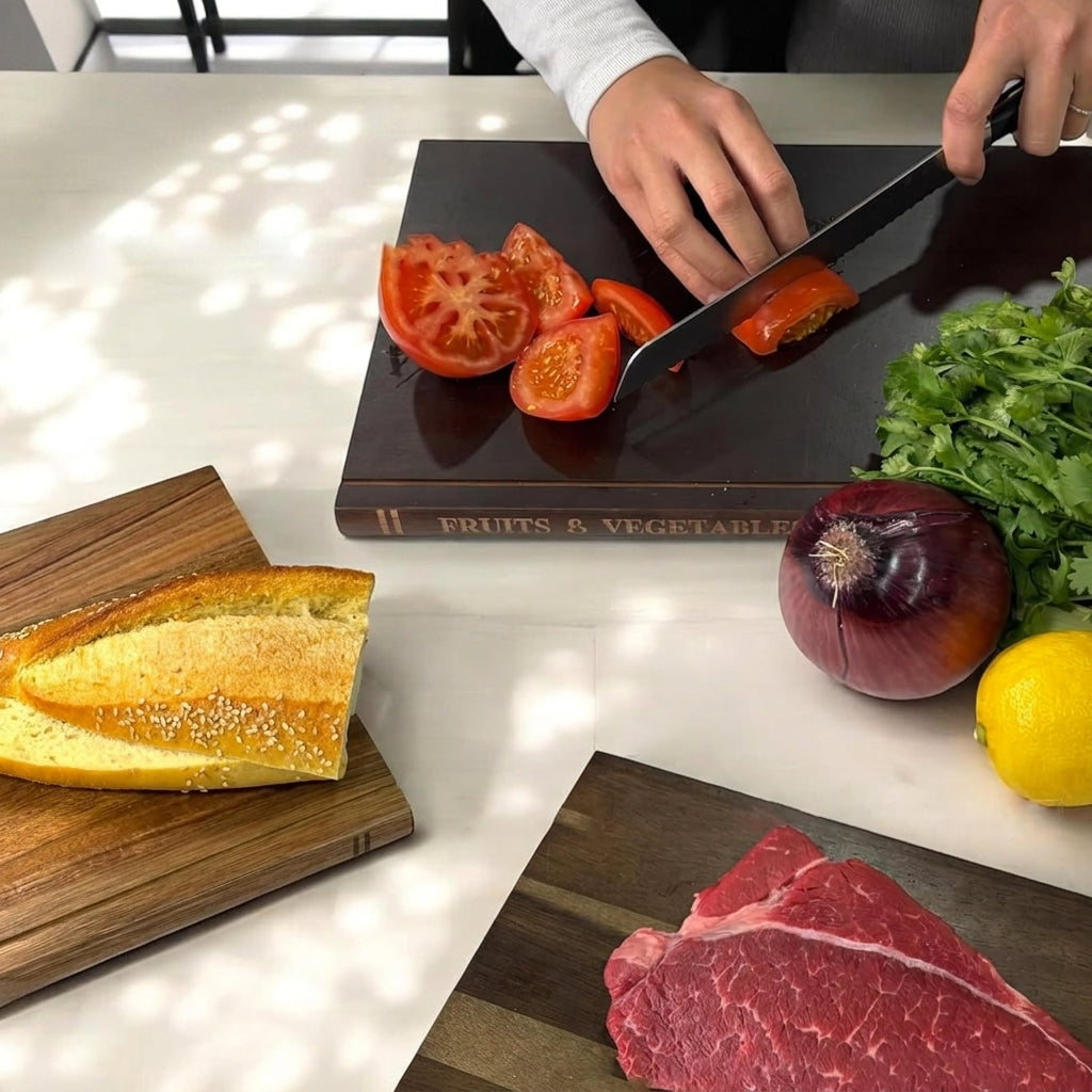 Bamboo chopping board set on kitchen counter