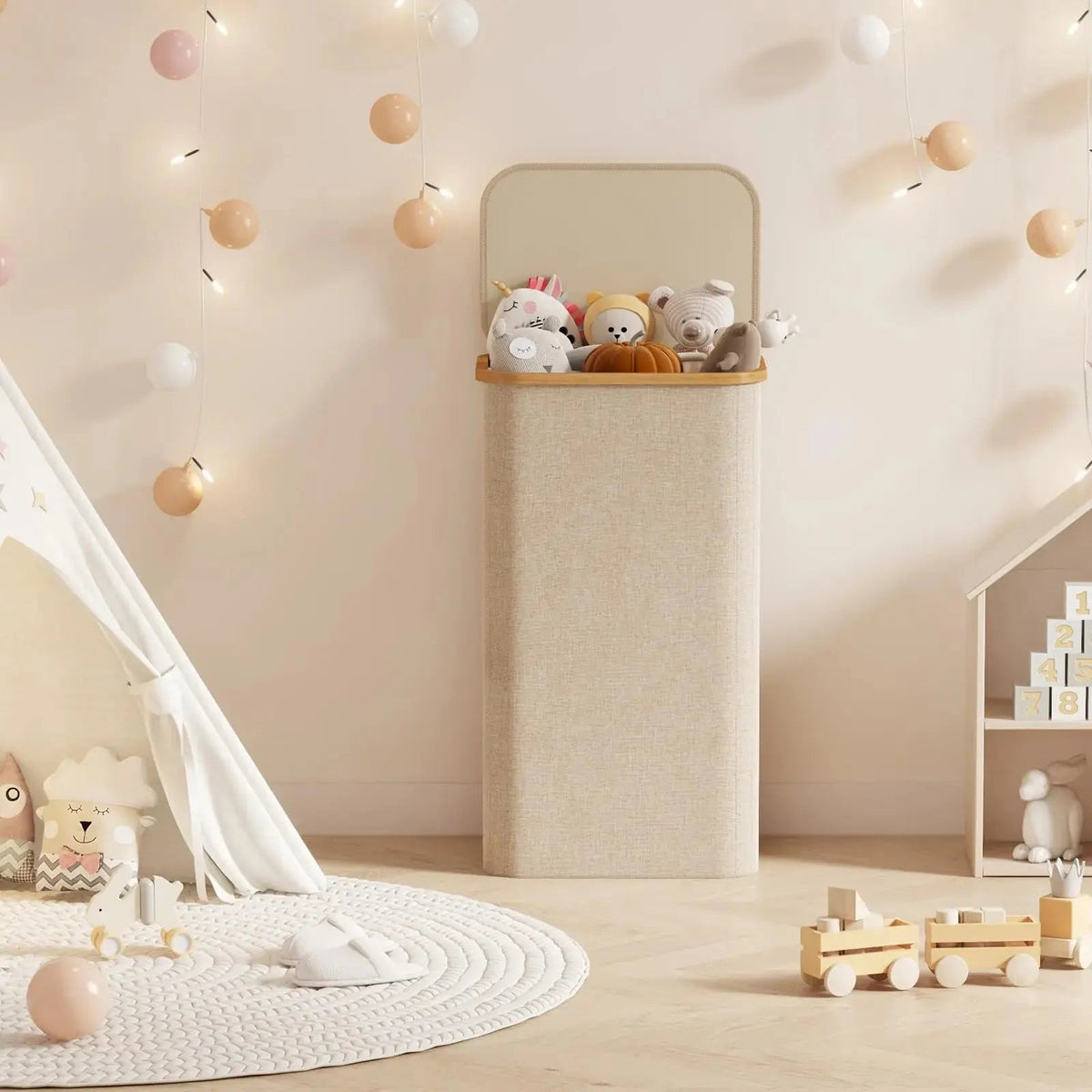 Lidded laundry hamper in a bedroom