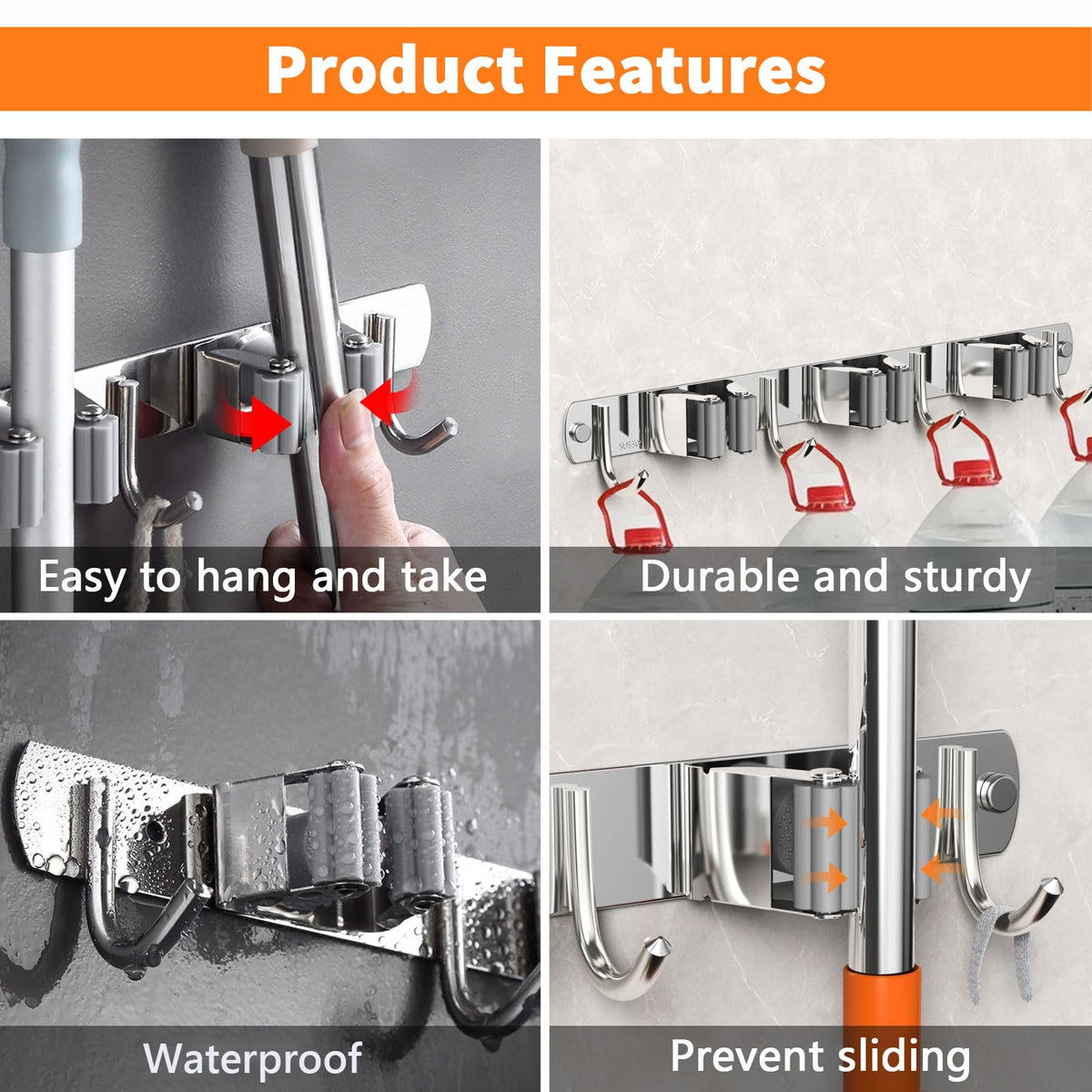 Broom holder mounted on wall with tools