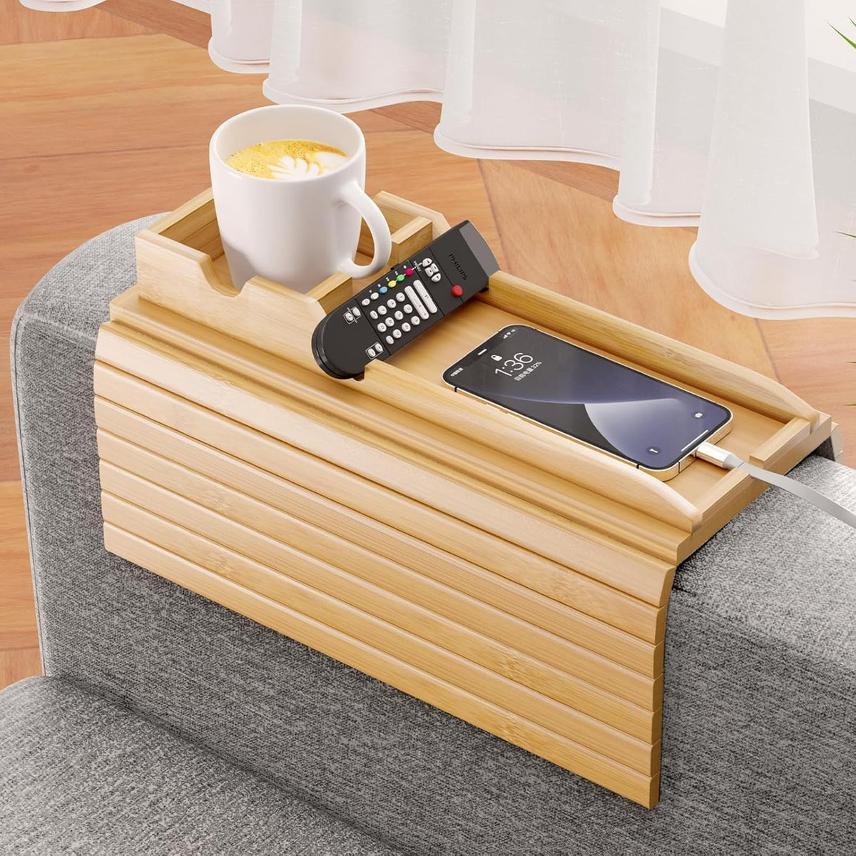 Bamboo sofa arm tray lifestyle