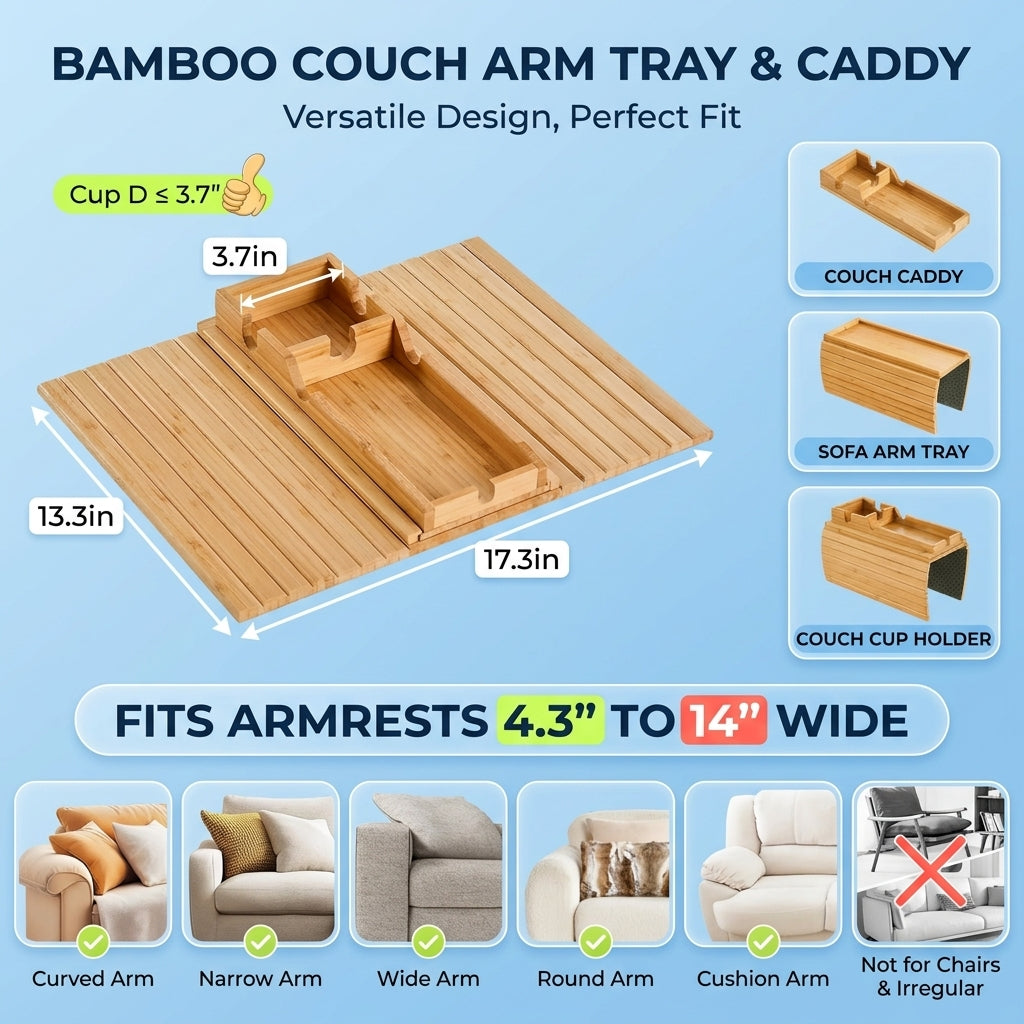 Sofa arm tray holding mug and remote