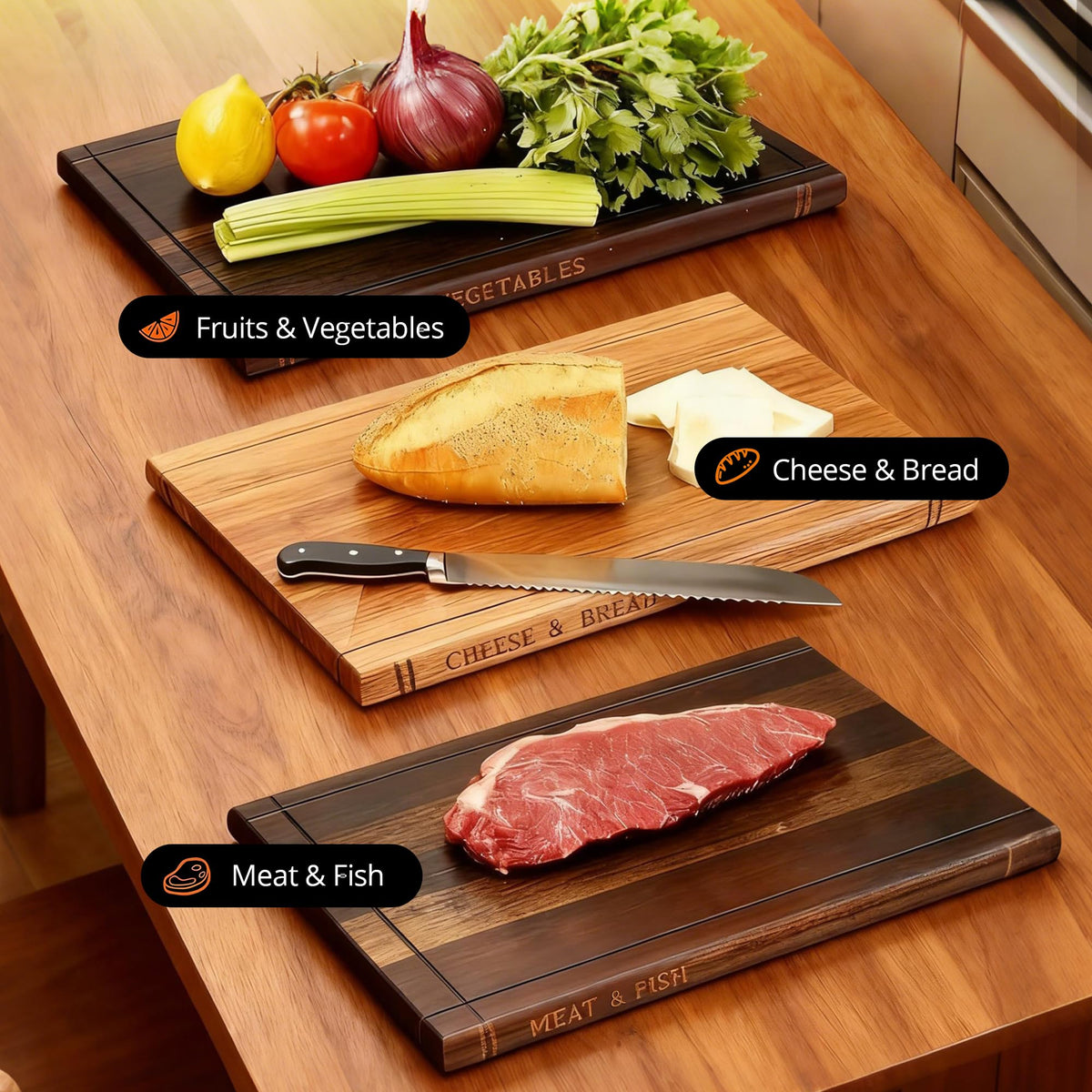 Three chopping boards stored upright in base