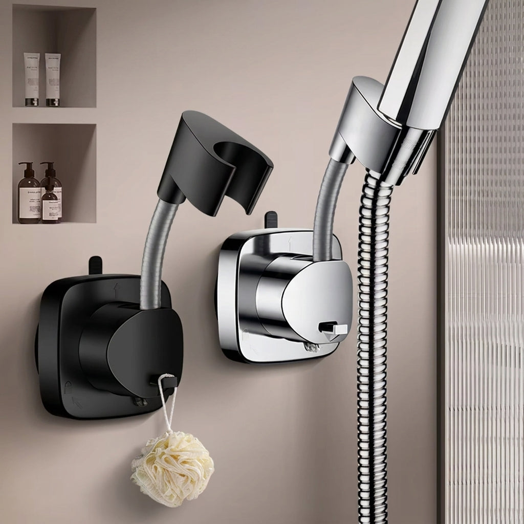 Adjustable shower head holder mounted on tiled wall