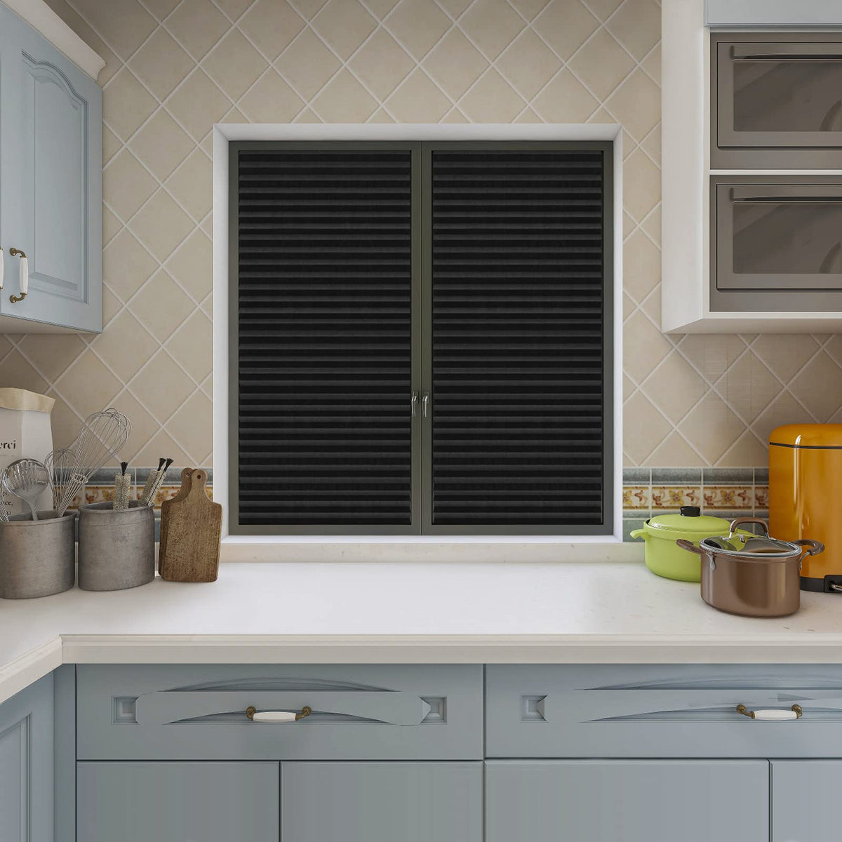 No-drill stick-on blind in bedroom