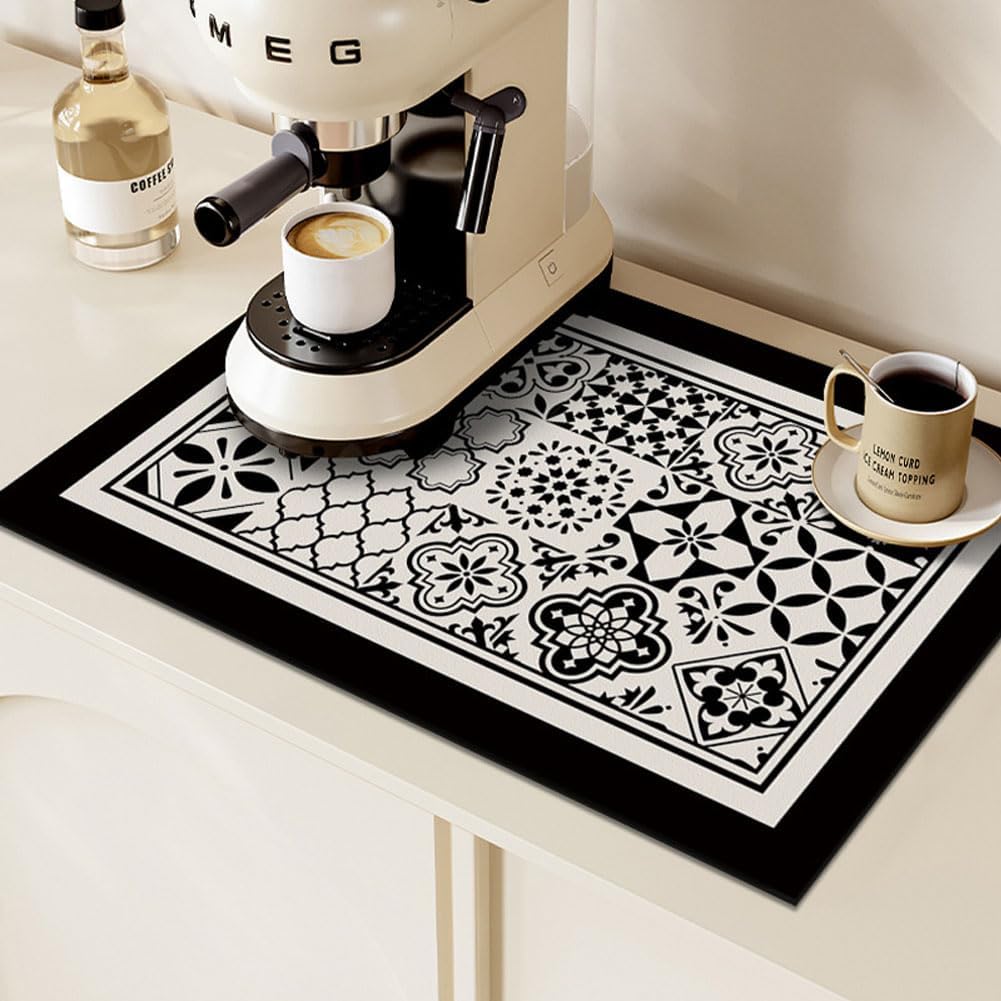 Coffee bar mat styled with mugs and beans