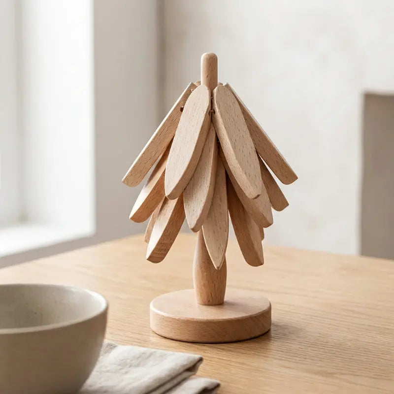 Tree-shaped wooden trivets in light natural wood